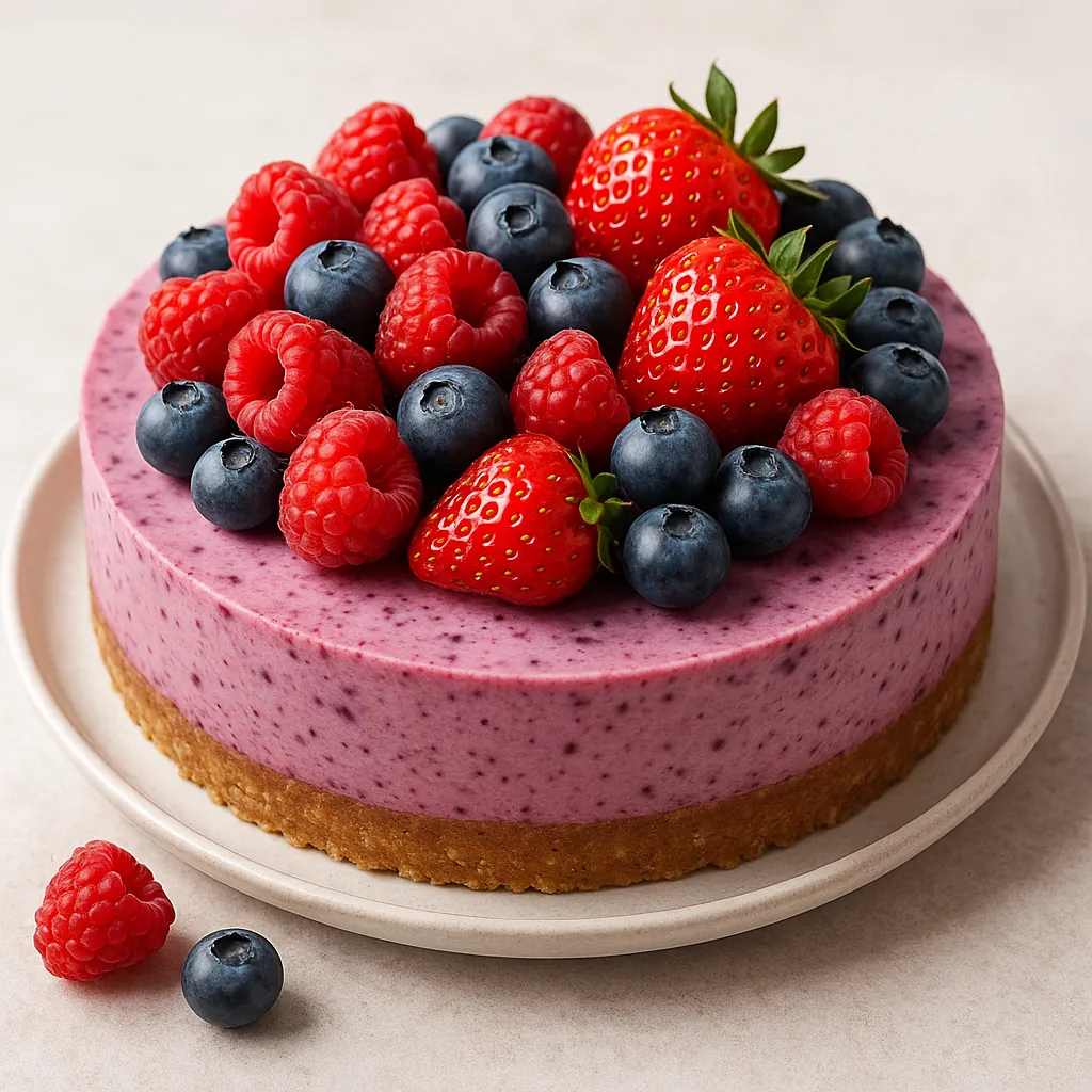 Discover a puzzle with a close-up of a luscious berry cheesecake topped with ripe strawberries, plump raspberries, and glossy blueberries.
