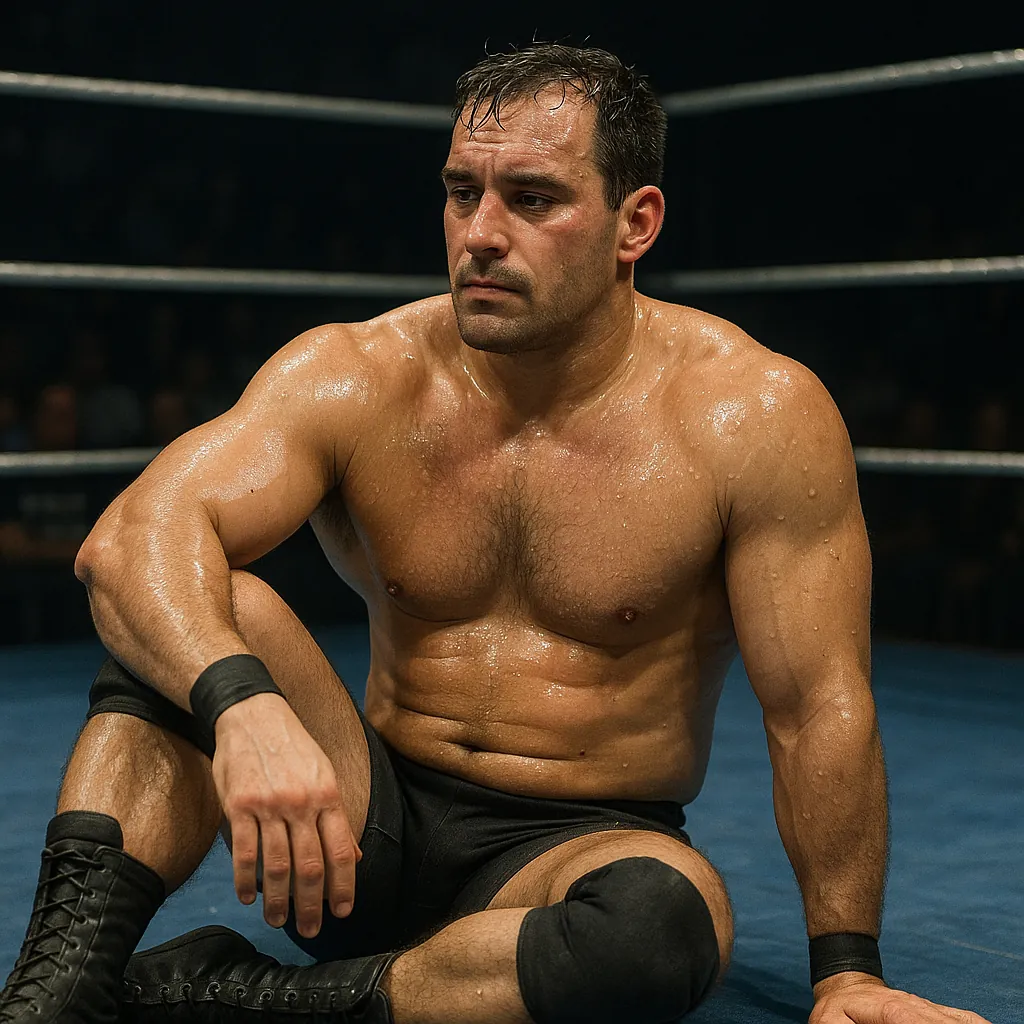 Enjoy an online jigsaw puzzle designed for browser play, featuring a gritty sports scene of a lone wrestler resting in the ring.