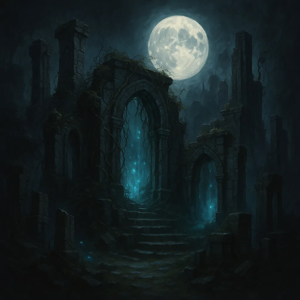 Discover a puzzle with moonlit, mystical ruins bathed in deep blues and soft grays.