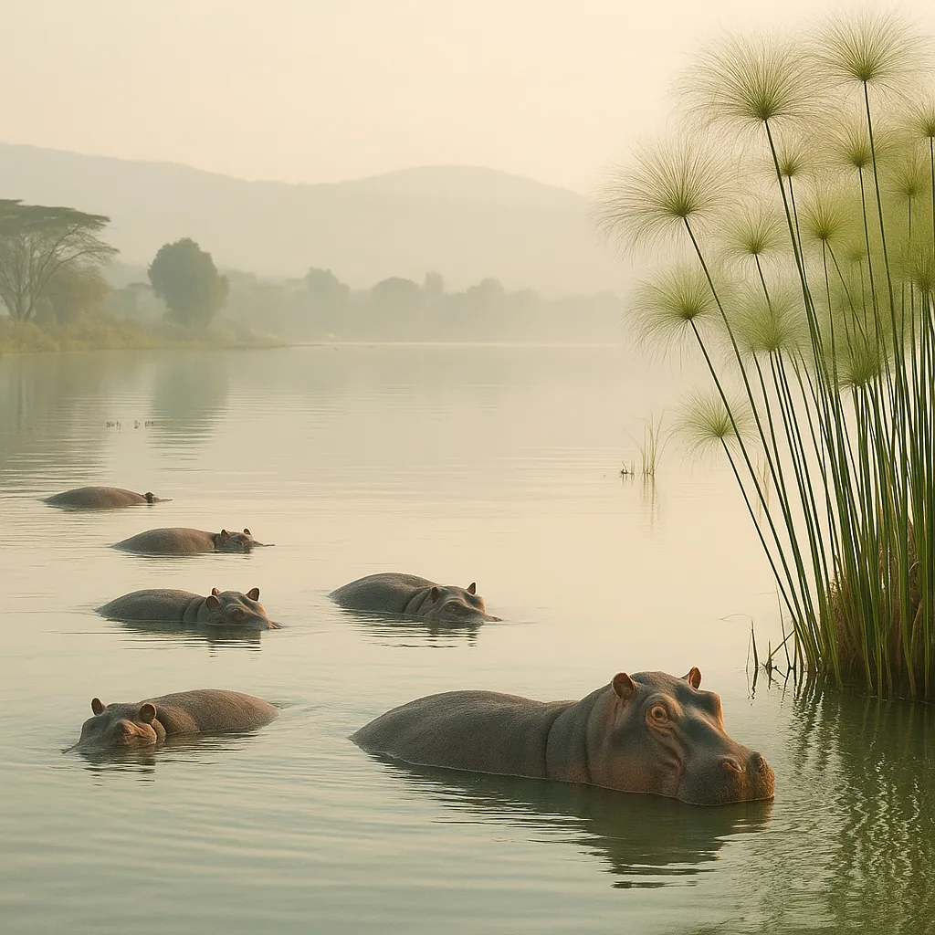 Discover a puzzle with a serene riverside scene where a calm pod of hippos floats quietly in misty, pastel-green water at dawn.