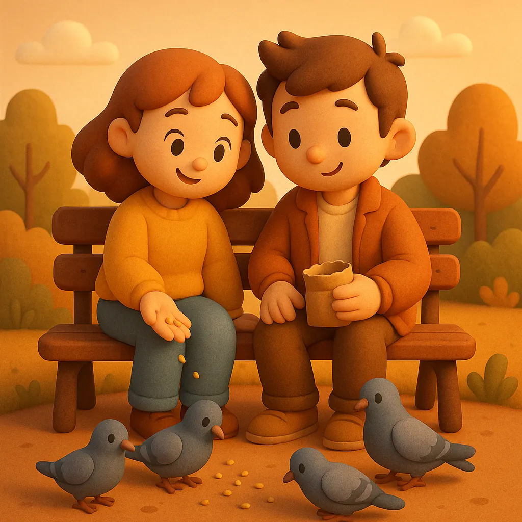Enjoy assembling a puzzle depicting a cozy park scene where a sweet couple sits on a wooden bench feeding pigeons.