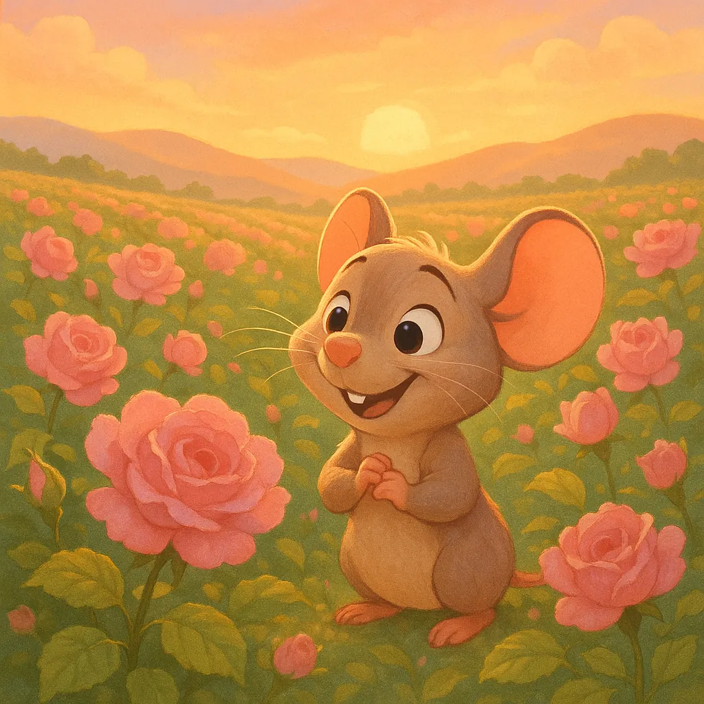 Discover a puzzle with an adorable cartoon mouse standing in a vast rose field at sunset.