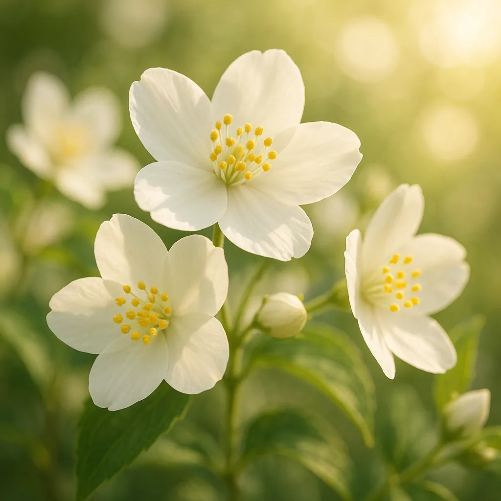 Discover a puzzle with delicate white blossoms captured in a soft close-up: creamy petals, sunny yellow stamens, and tender green leaves set against a warm gold
