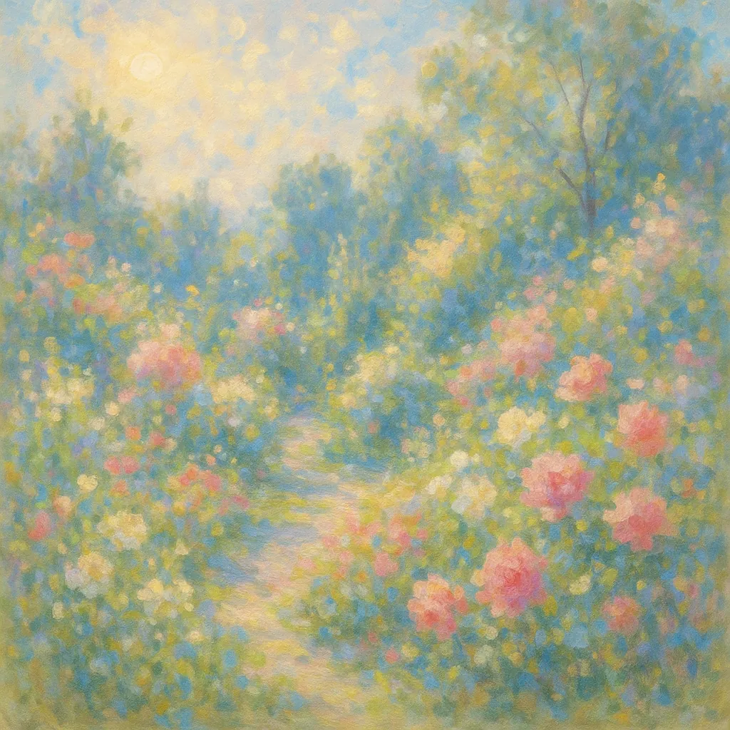 Discover a puzzle with a dreamy impressionist garden scene awash in soft pastel blues, greens, pinks, and buttery yellows.
