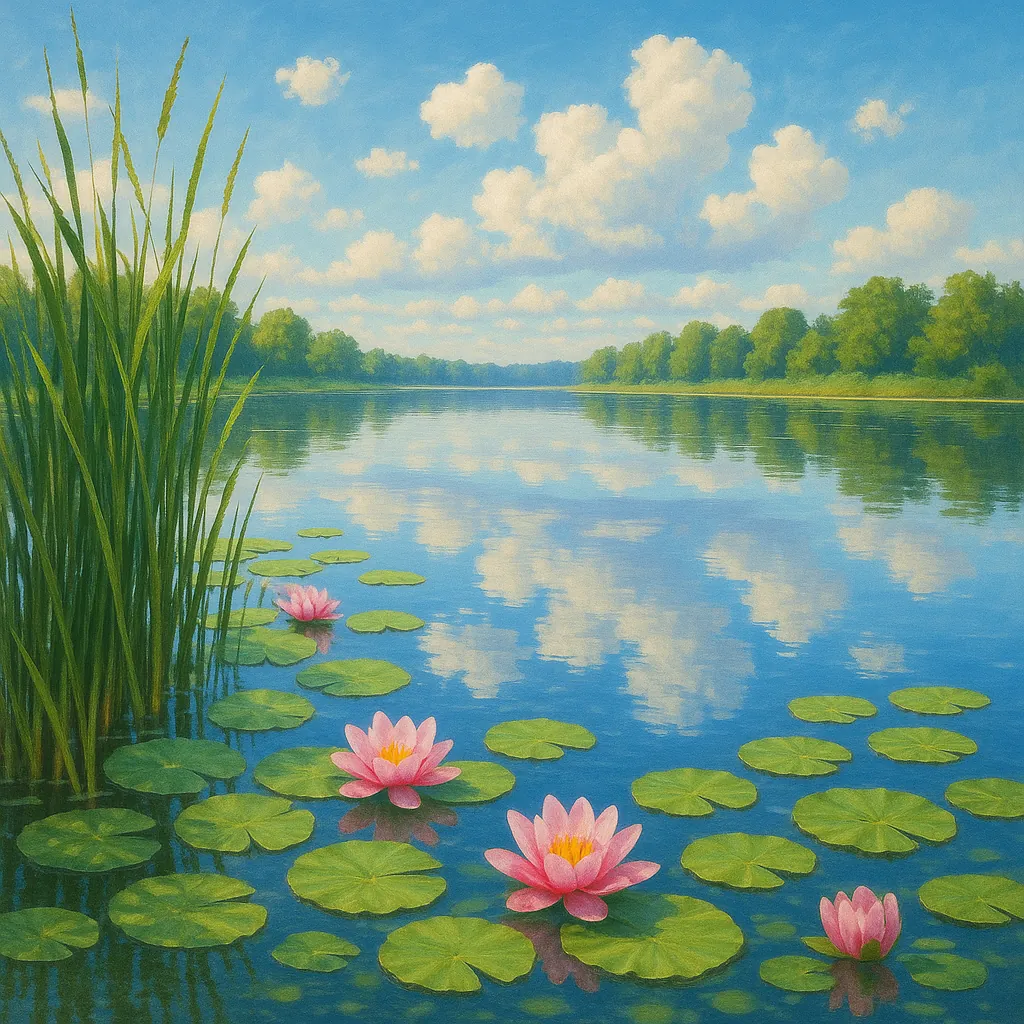 Discover a puzzle with a tranquil lakeside scene featuring soft blue skies dotted with fluffy white clouds, their mirrored reflections stretching across calm wa