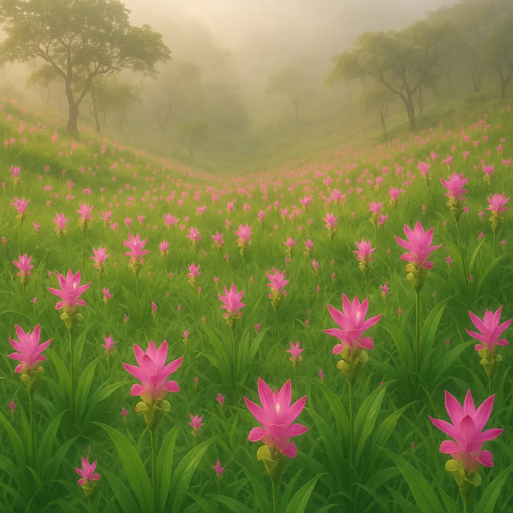 Discover a puzzle with a misty meadow carpeted in vivid pink blossoms, rolling gently into fog-softened hills dotted with graceful trees.