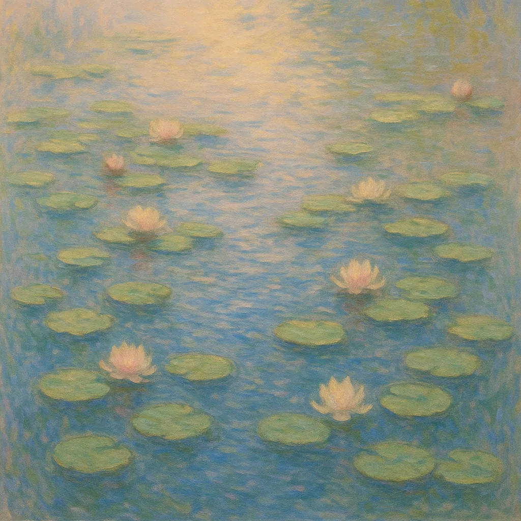 Discover a puzzle with a tranquil pond of water lilies rendered in soft, impressionistic pastels — floating green pads and pale pink blooms drifting across ripp