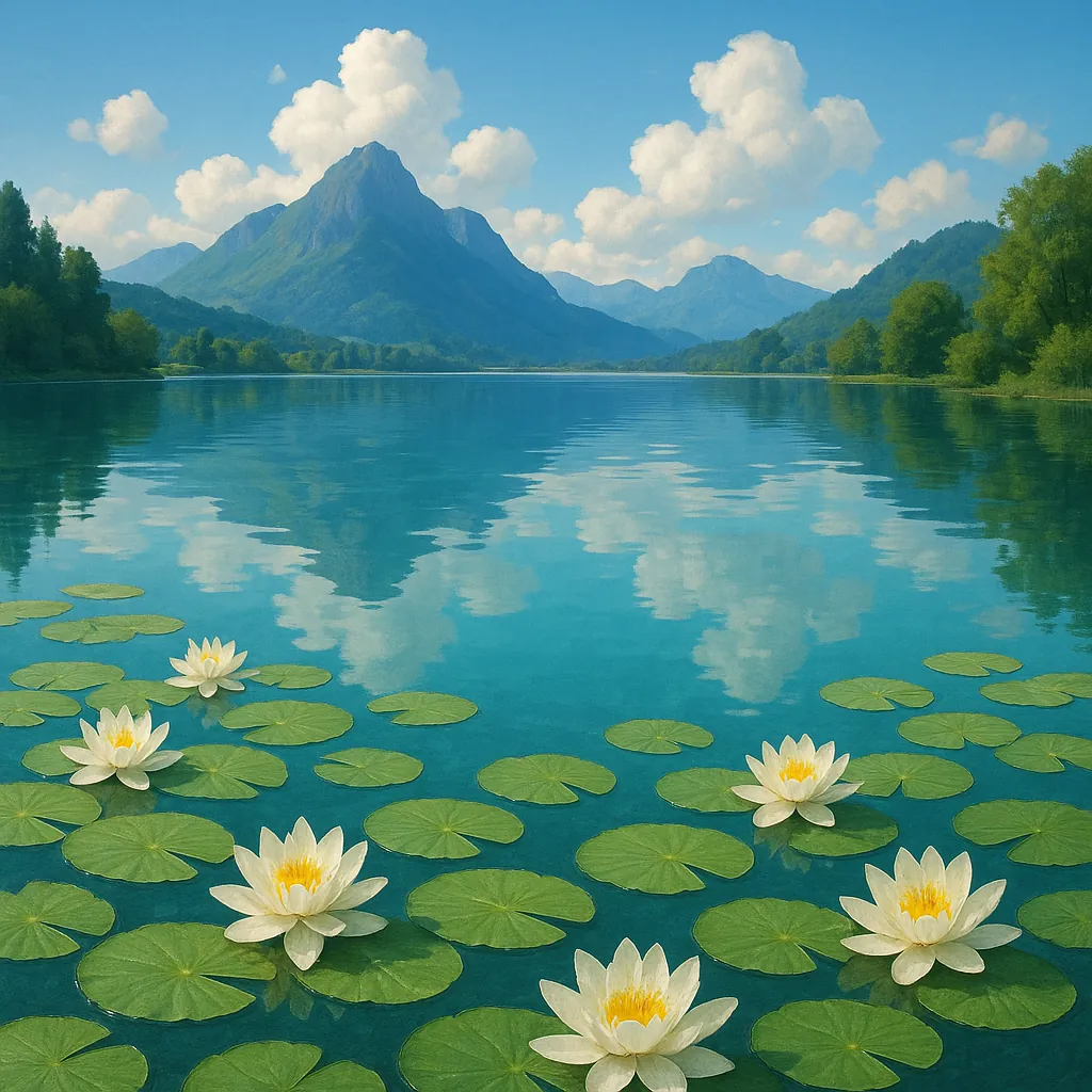 Discover a puzzle with a serene lakeside scene featuring emerald lily pads and white water lilies floating on glassy turquoise water, framed by distant blue-gre