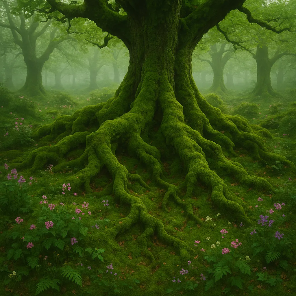 Discover a puzzle with a majestic moss-covered oak whose enormous, winding roots spread across a soft, green forest floor.