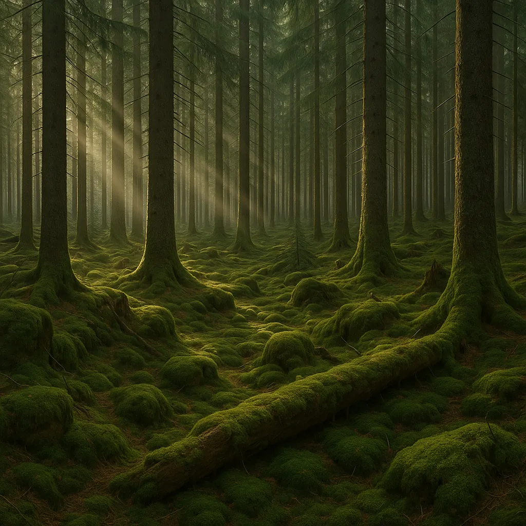 Discover a puzzle with a tranquil, moss-carpeted forest where tall, straight pines rise in rhythmic rows and soft golden sunbeams pierce a gentle morning mist.