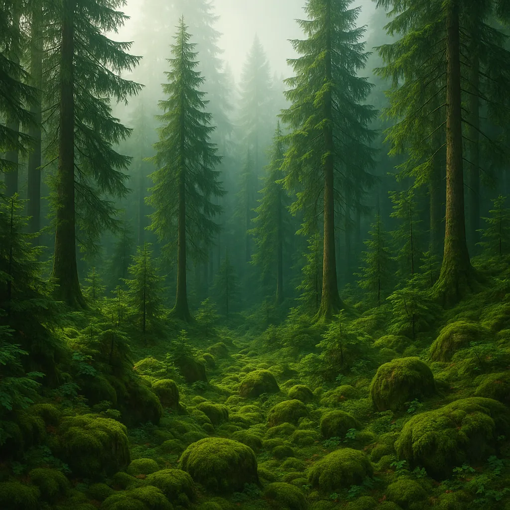 Discover a puzzle with a misty, moss‑carpeted forest scene from PuzzleFree.Game: tall evergreen trees rise through soft, emerald light while rolling mounds of v
