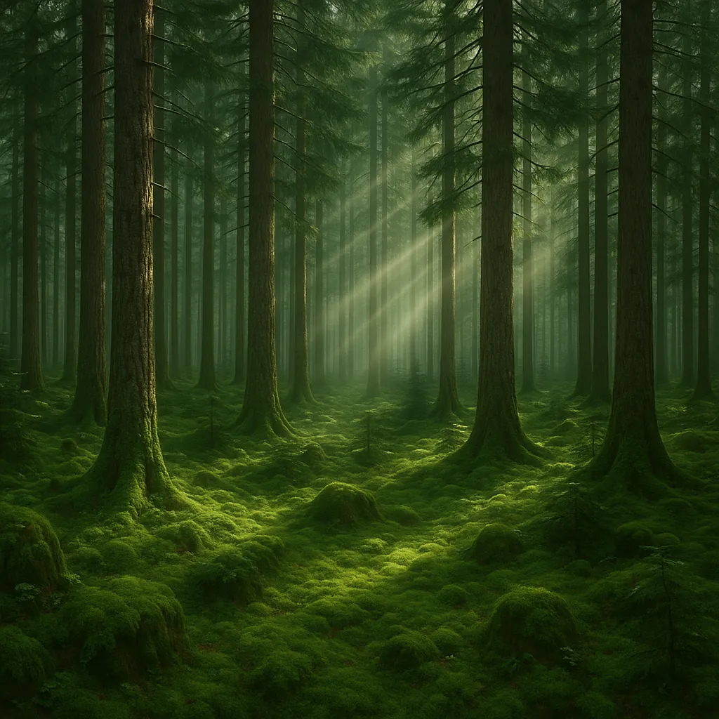 Discover a puzzle with a misty, moss-covered evergreen forest where tall fir trunks rise in orderly rows and soft shafts of sunlight pierce the deep green canop