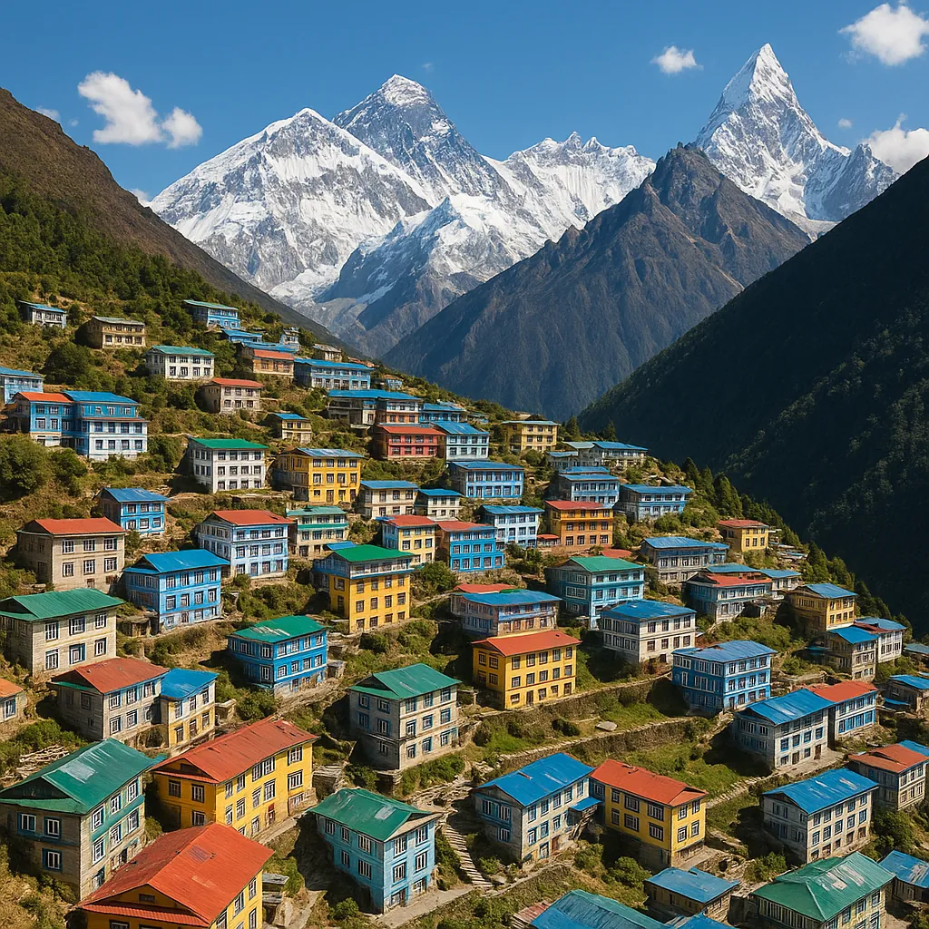 Discover a puzzle with a colorful mountain village set against towering snow-capped peaks, now on PuzzleFree.Game.