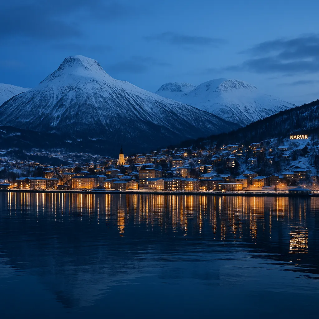 Discover a puzzle with a tranquil coastal town nestled beneath snow‑capped mountains, their blue twilight hues softly mirrored in the calm fjord.