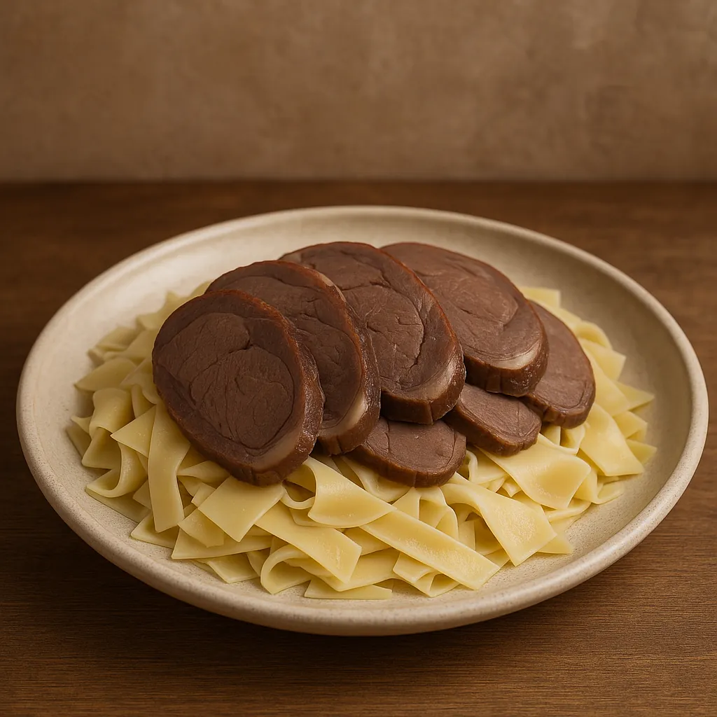 Discover a puzzle with a close-up of a rustic plate of wide ribbon pasta topped with neatly sliced braised meat, captured in warm browns and creamy yellows.