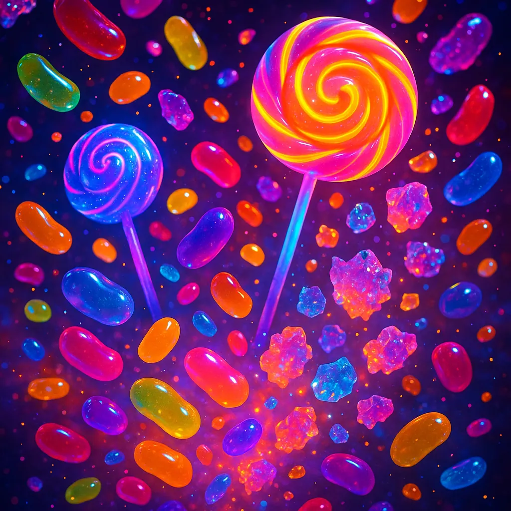 Enjoy an online jigsaw puzzle designed for browser play, featuring a vivid candy-themed scene overflowing with colorful lollipops, jelly beans, and sparkling ro