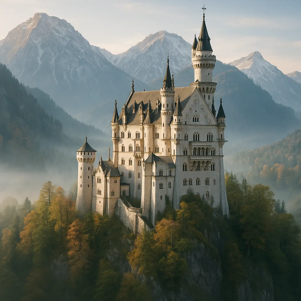 Discover a puzzle with a majestic fairy-tale castle perched on a rocky hill, surrounded by misty mountain peaks and a forest of warm autumn tones.