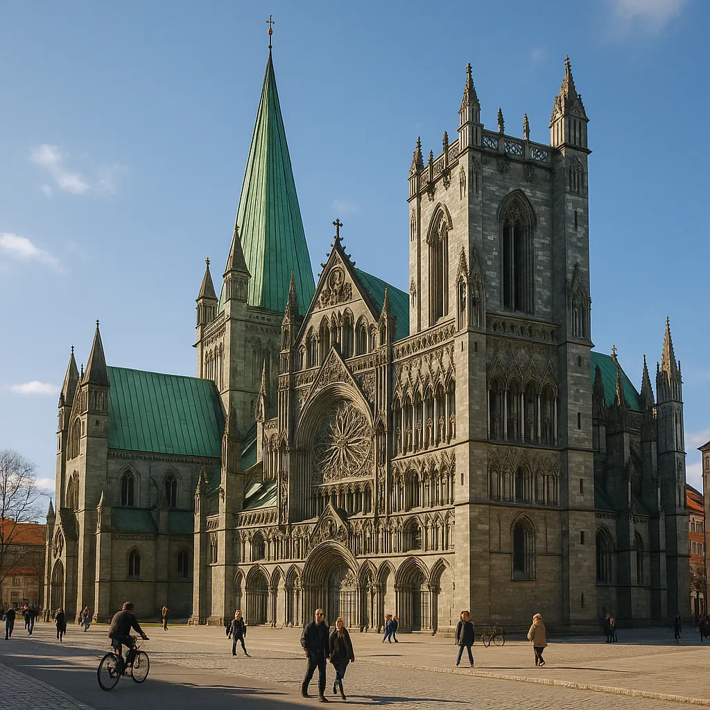 Discover a puzzle with a grand Gothic cathedral captured under a clear blue sky, its warm stone façade and green copper roofs glowing in soft daylight.
