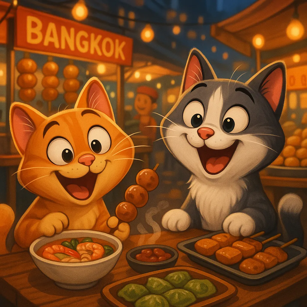 Discover a puzzle with two adorable cartoon cats enjoying a lively Bangkok night market — smiling orange and gray kittens sit at a wooden stall surrounded by wa