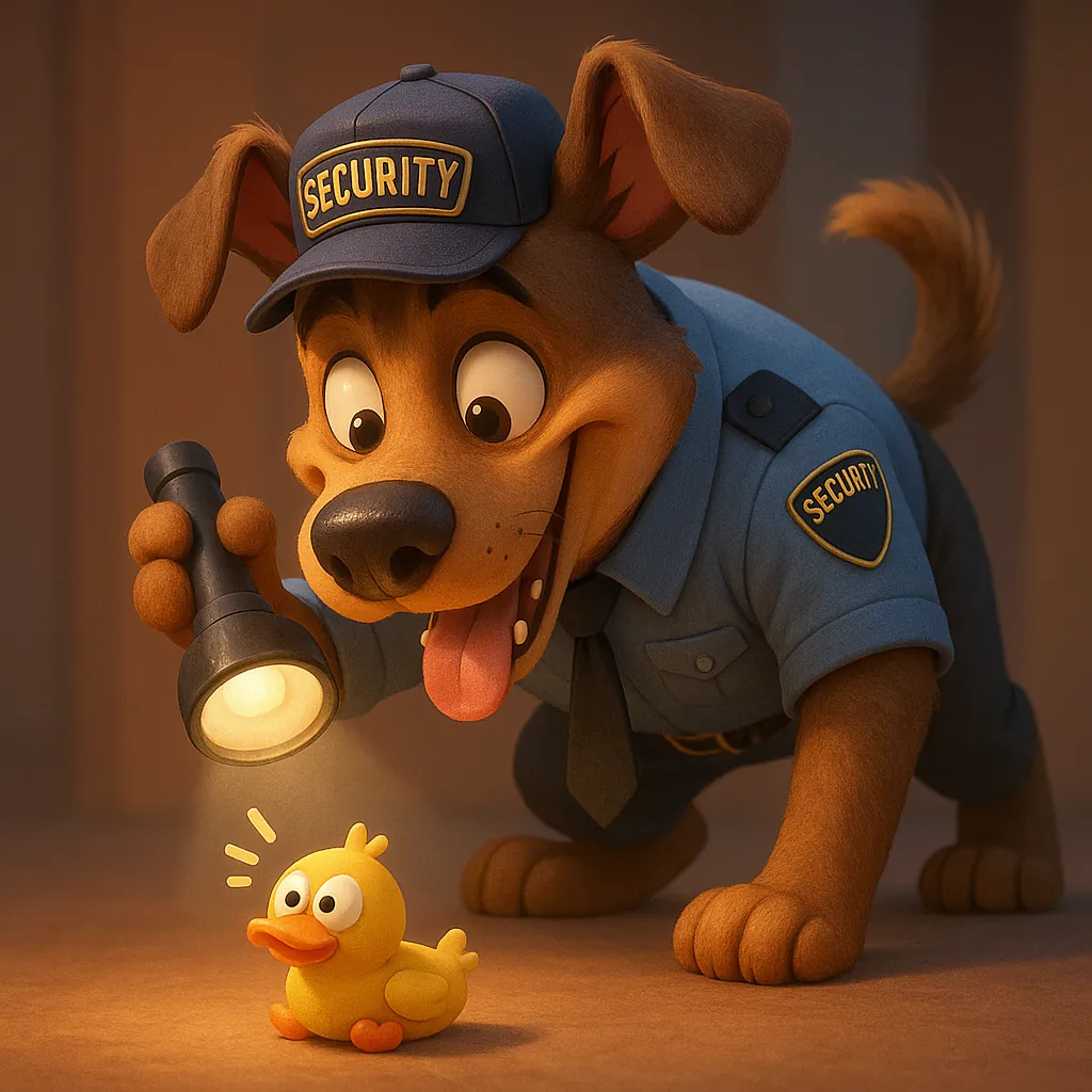 Discover a puzzle with a charming, cartoon security dog in uniform leaning forward with a flashlight to illuminate a tiny, surprised rubber duck; warm golden br