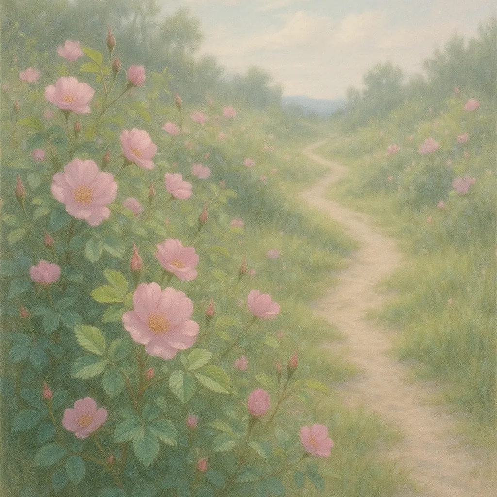 Discover a puzzle with a dreamy country path winding through a meadow of soft pink wild roses and tender green foliage.