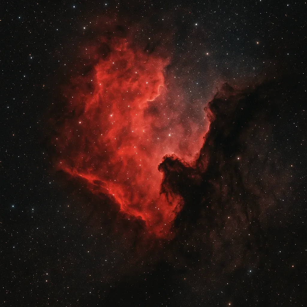 Discover a puzzle with a glowing red nebula set against a star‑speckled black sky, where vivid crimson gas swirls meet deep, inky dust lanes to create a dramati