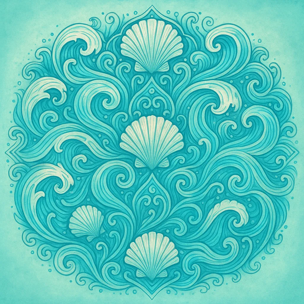 This online jigsaw puzzle features a graceful seaside motif with swirling waves and scallop shells, perfect for a nature- and ocean-themed browser puzzle.