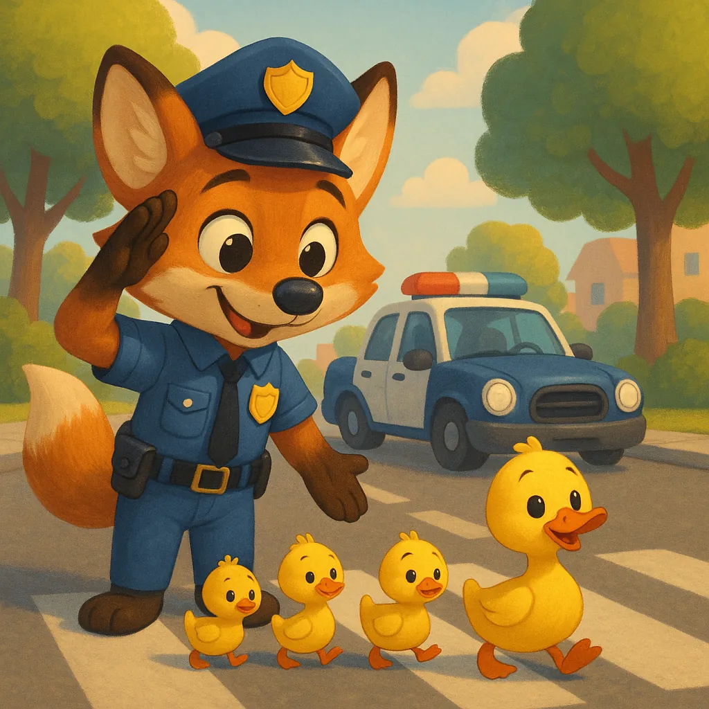 Enjoy assembling a puzzle depicting a friendly fox police officer guiding a line of cheerful yellow ducklings across a sunny crosswalk.