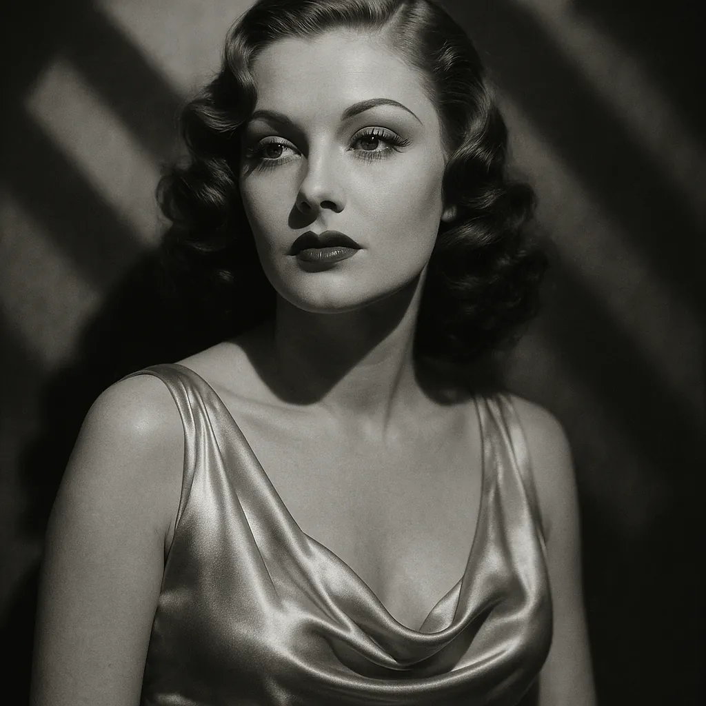 Discover a puzzle featuring a timeless black-and-white portrait of vintage Hollywood glamour: an elegant woman with softly waved hair, sculpted brows, and deep,