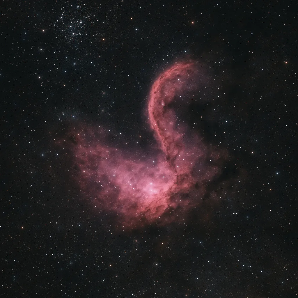 Discover a puzzle with a glowing pink nebula drifting through a star-filled night sky, its wispy tendrils curling into a graceful, almost feather-like shape aga