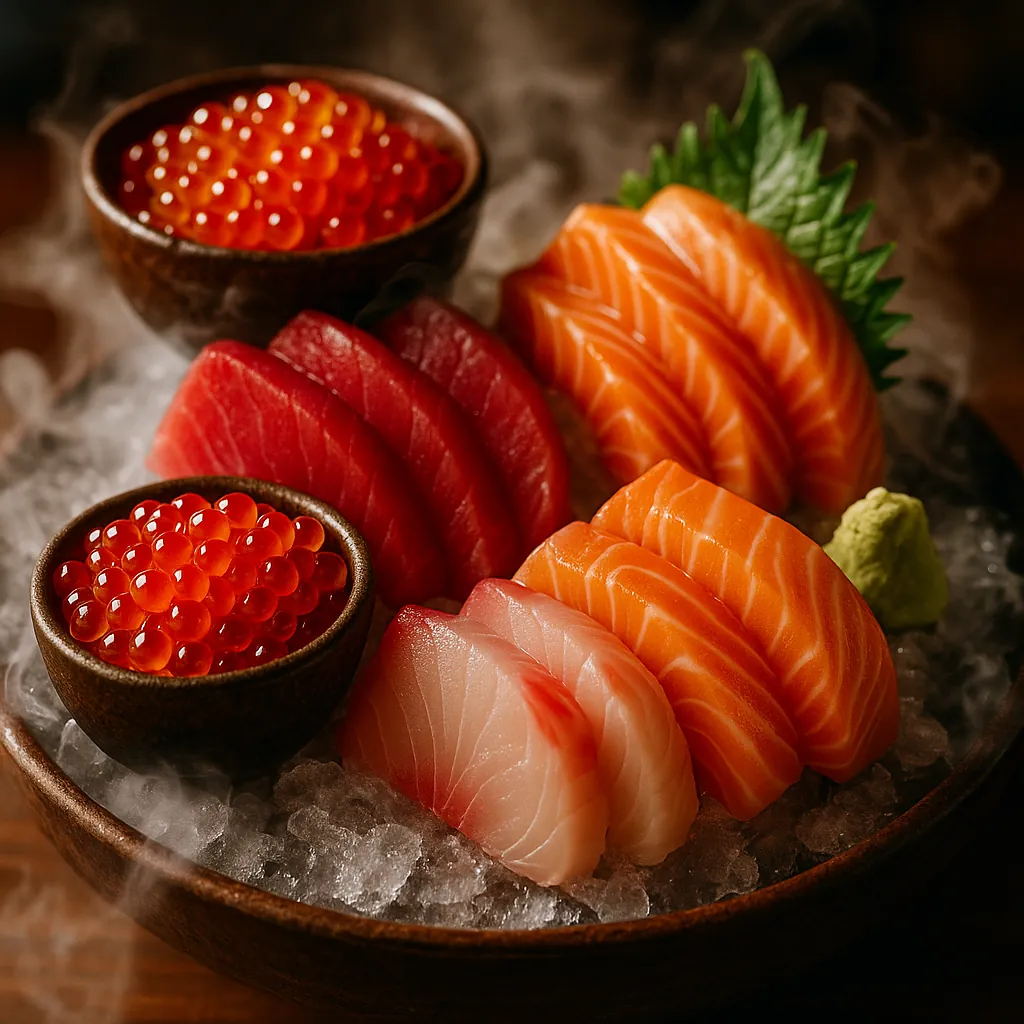 Discover a puzzle with a beautifully styled sashimi platter: glossy orange salmon slices, deep red tuna, pale white fish, and jewel-like salmon roe set on crush