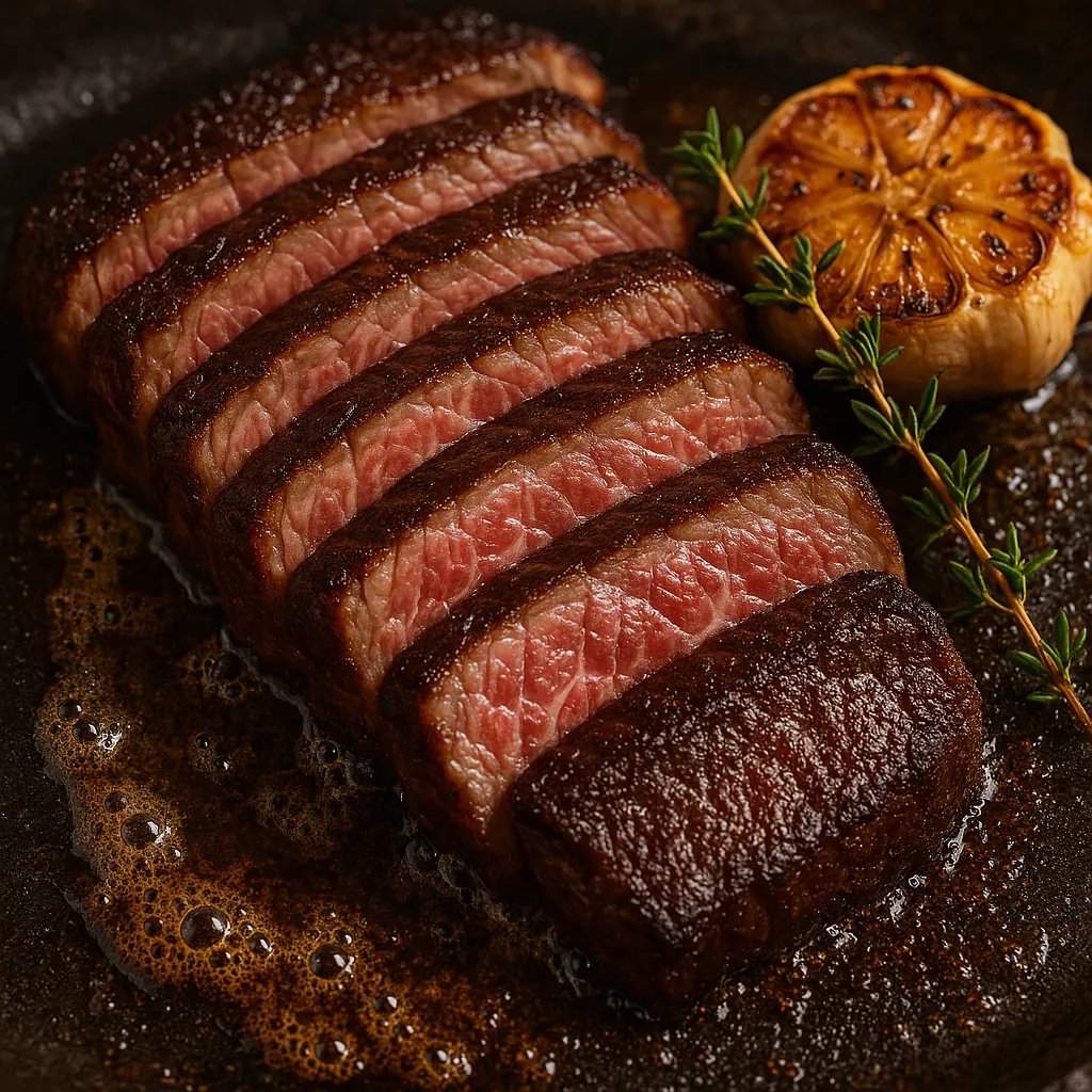 Discover a puzzle with a mouthwatering close-up of a perfectly seared steak sliced to reveal a tender pink center, set against glossy, caramelized pan juices an