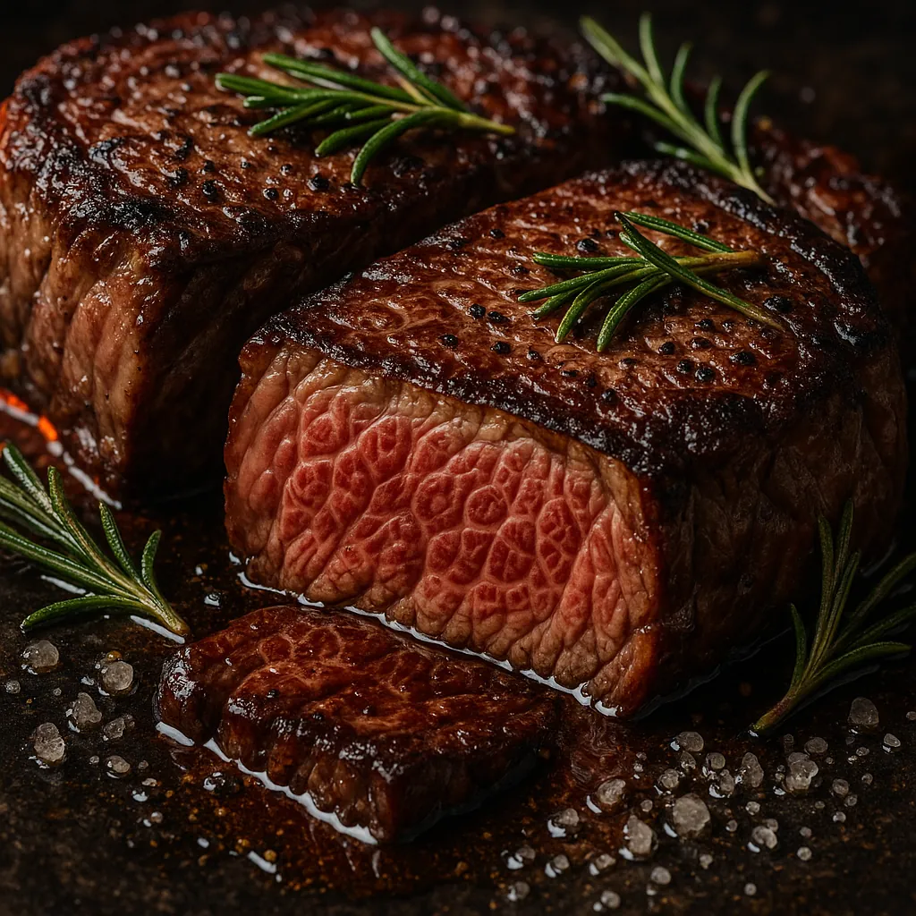 Discover a puzzle with a gourmet close-up of perfectly seared steaks, rosemary sprigs, and coarse salt — now on PuzzleFree.Game.