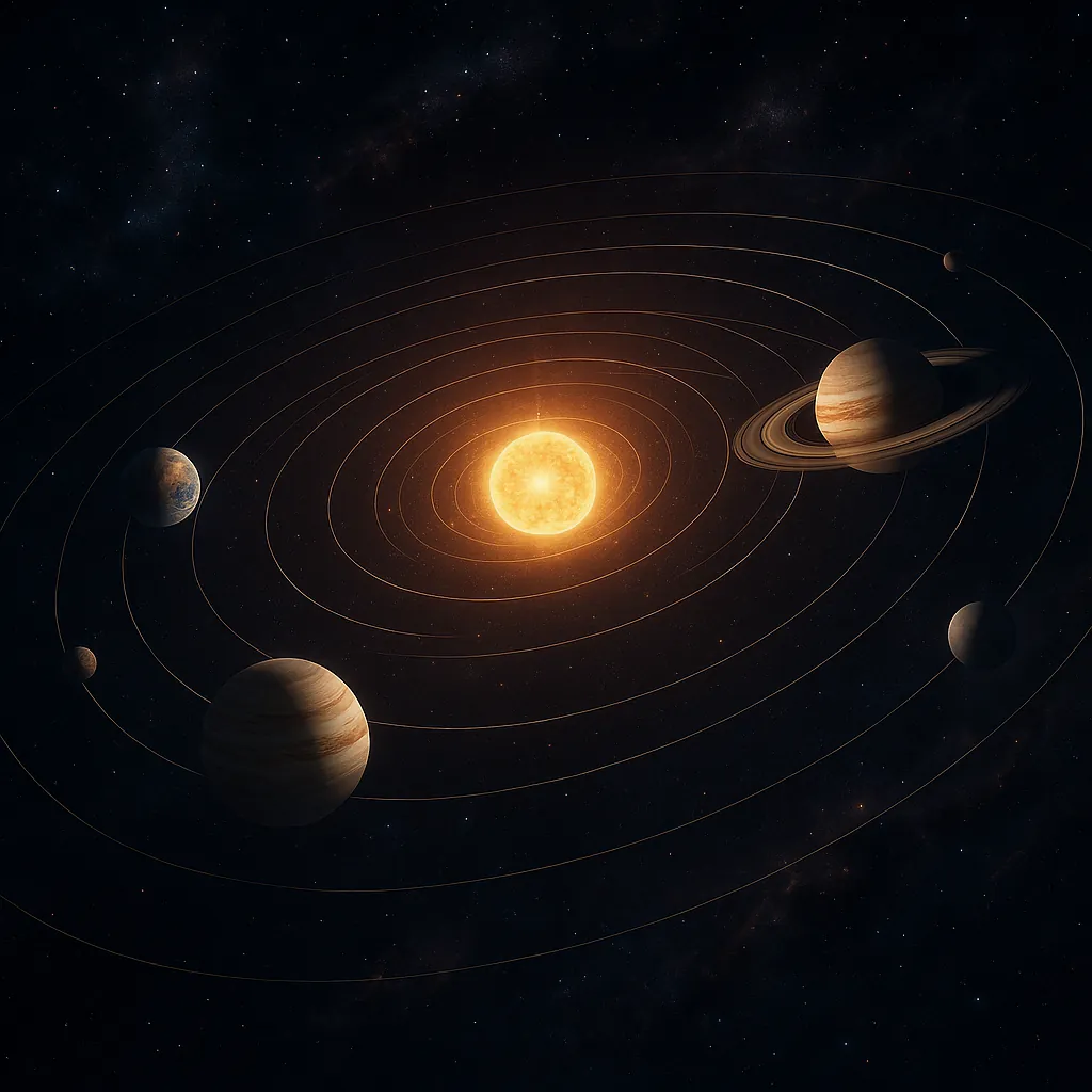 Enjoy an online jigsaw puzzle designed for browser play, featuring a stylized view of a solar system with planets and a glowing sun at its heart.