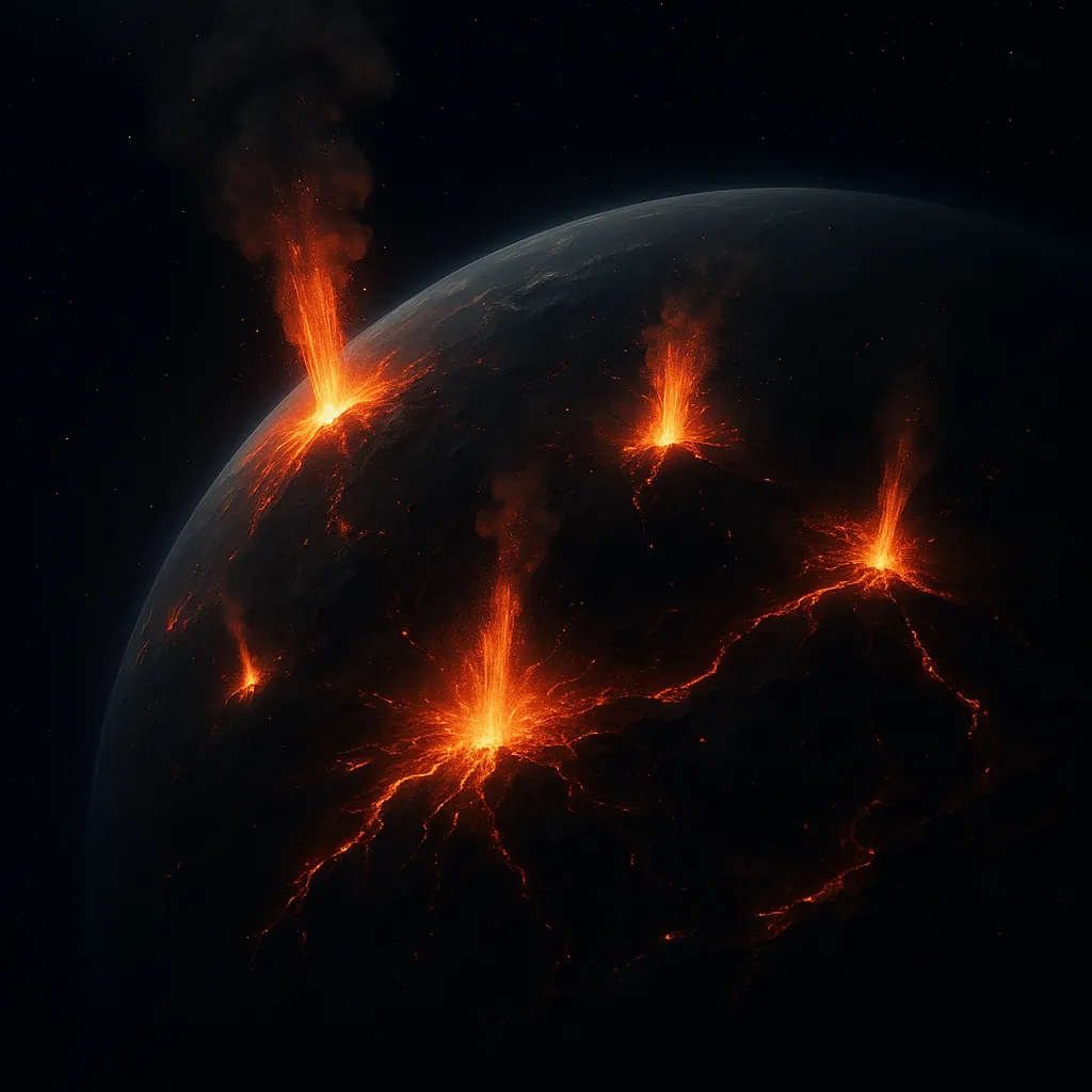 Discover a puzzle with a dramatic cosmic scene of a dark planet split by glowing, fiery eruptions — bright oranges and molten reds pour from multiple volcanic v