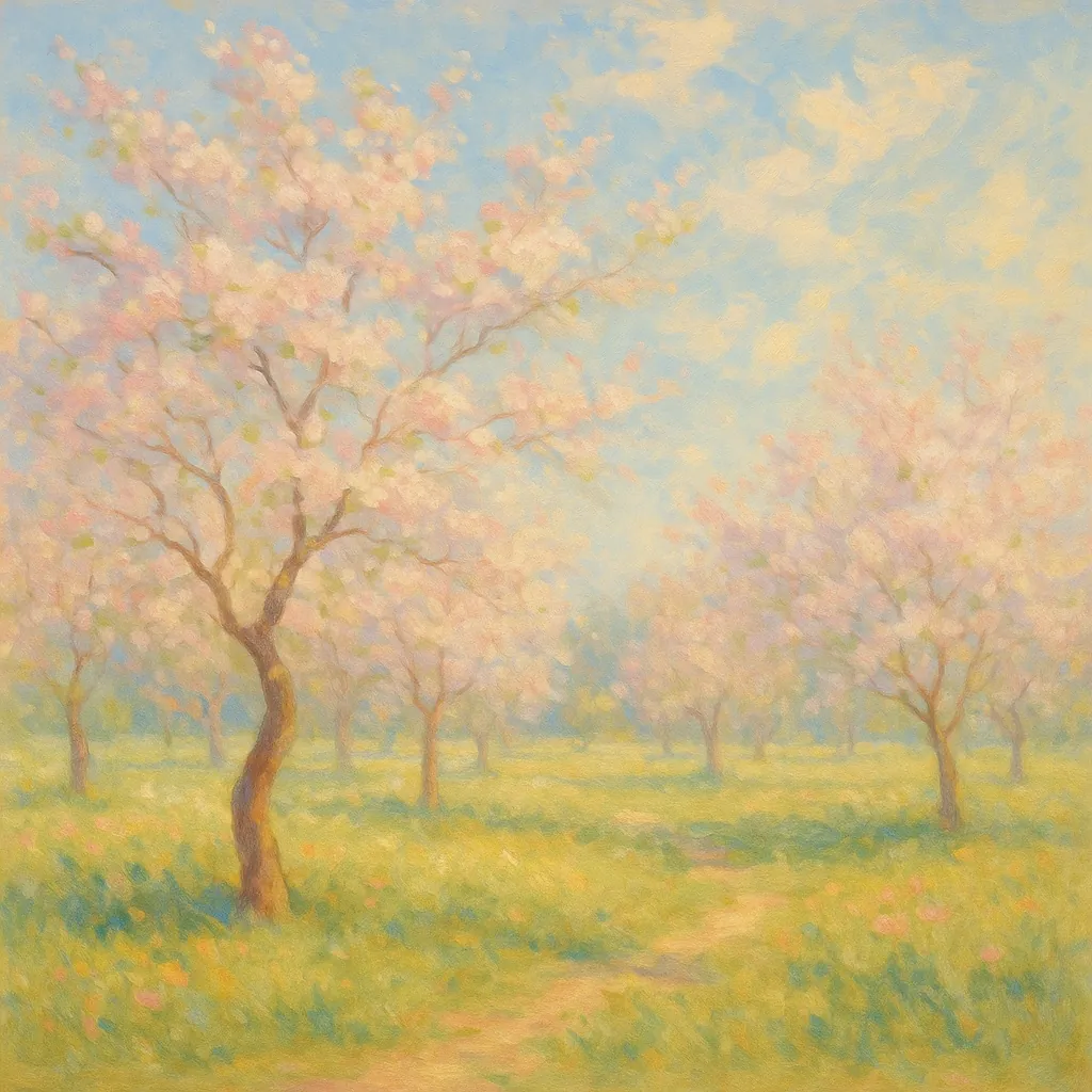 Discover a puzzle with a dreamy spring orchard of flowering trees rendered in soft pastels and painterly brushstrokes.