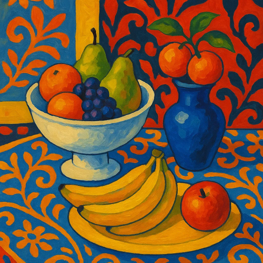 Discover a puzzle with a vibrant still-life scene showing a white compote filled with pears, oranges and purple grapes, a bunch of bananas on a yellow plate, a