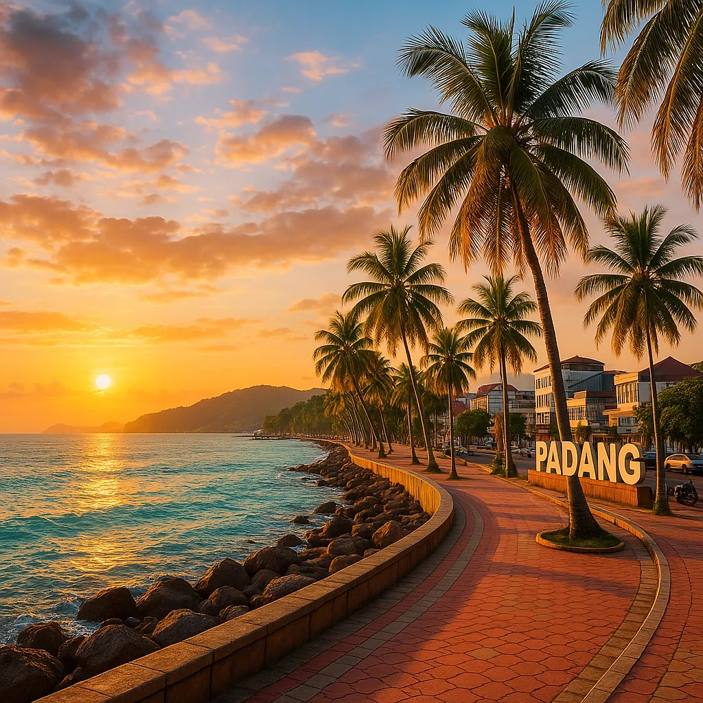 Enjoy assembling a puzzle depicting a golden sunset over a palm‑lined seaside promenade in Padang.