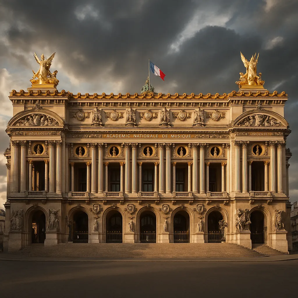 Discover a puzzle with a grand, neoclassical facade bathed in warm golden light, topped by gilded sculptures and a fluttering tricolor flag against a dramatic,