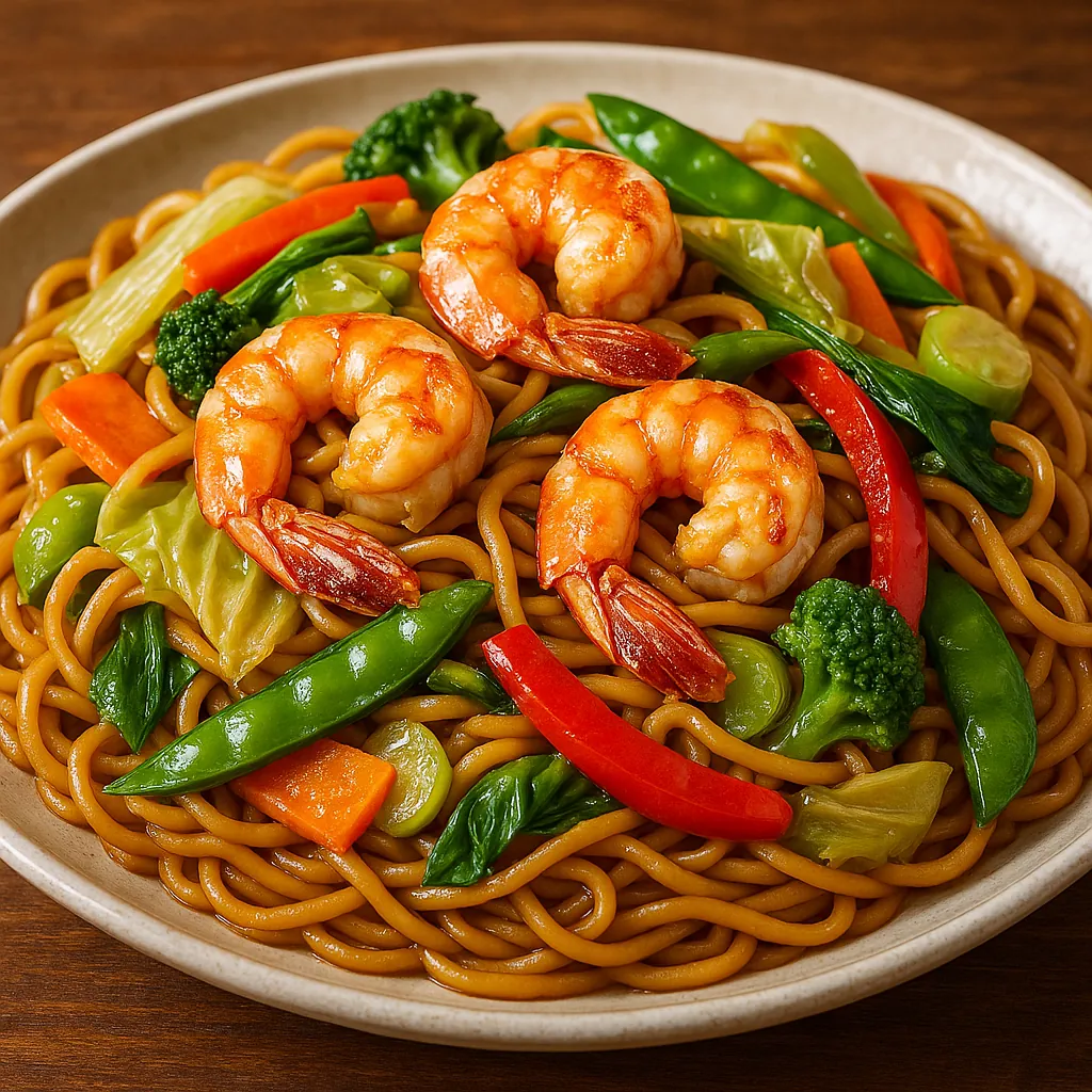 Discover a puzzle with a close-up of a steaming plate of shrimp noodles: glossy golden lo mein tangled with bright green snow peas and bok choy, crisp orange ca