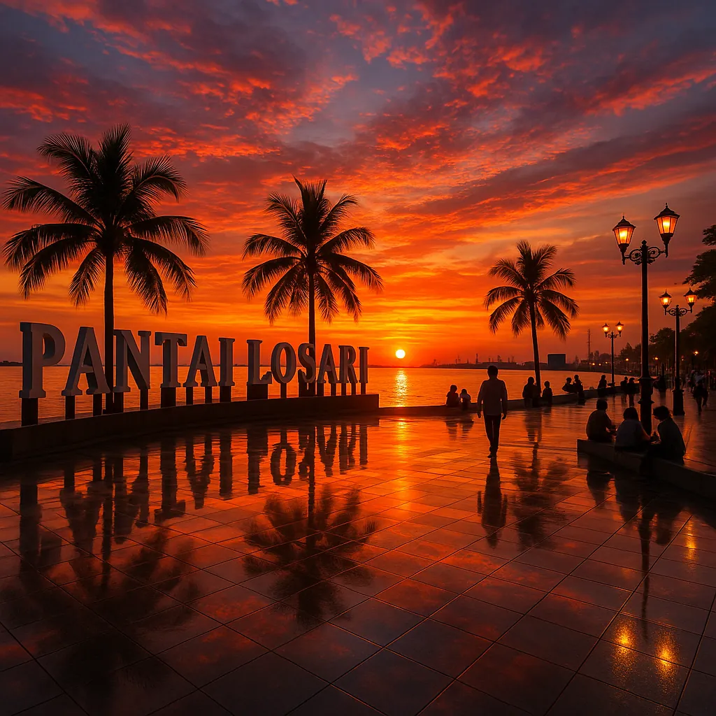 Discover a puzzle with a breathtaking seaside sunset at Pantai Losari, where tall palm silhouettes and a bold waterfront sign stand against a fiery orange and c