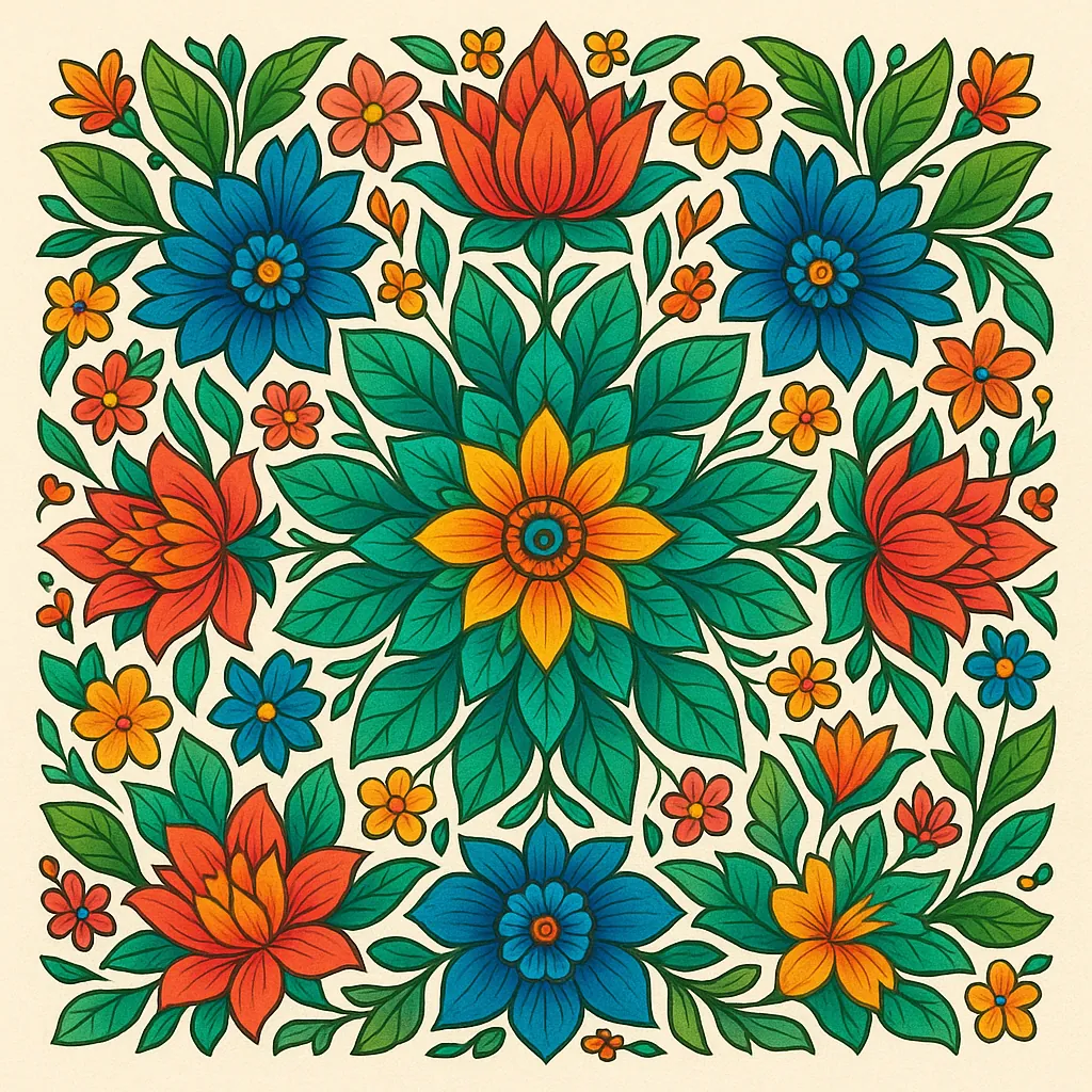 Enjoy an online jigsaw puzzle designed for browser play, featuring a vibrant floral illustration in a folk-art style.