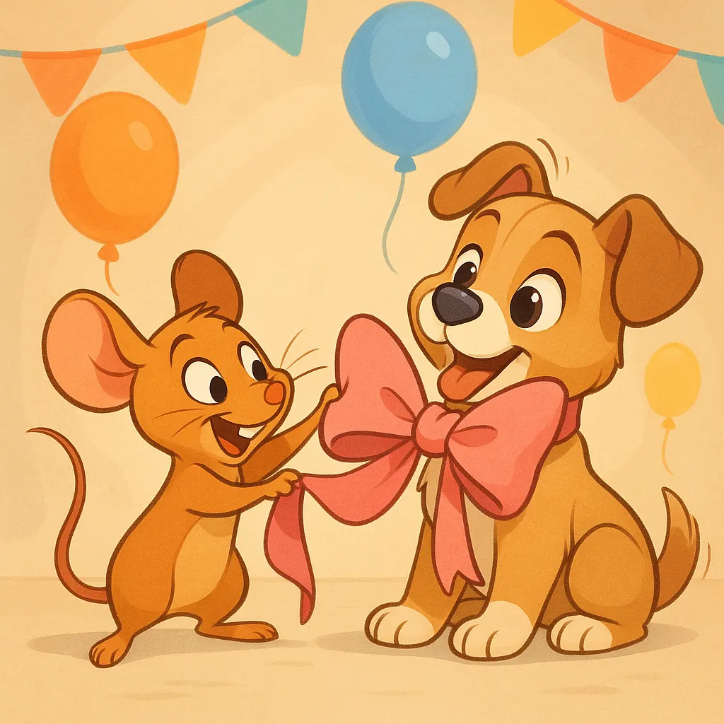 Try solving a puzzle that shows a sweet cartoon scene of a cheerful mouse tying a big pink bow around an excited puppy, perfect for PuzzleFree.Game.