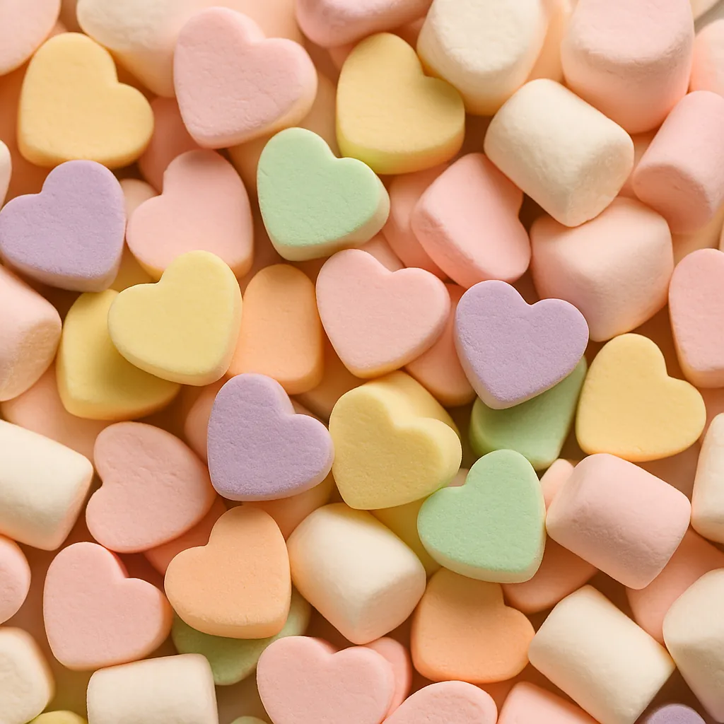Enjoy an online jigsaw puzzle designed for browser play, featuring a close-up pile of pastel heart-shaped candies and soft marshmallows in a delightful food-the