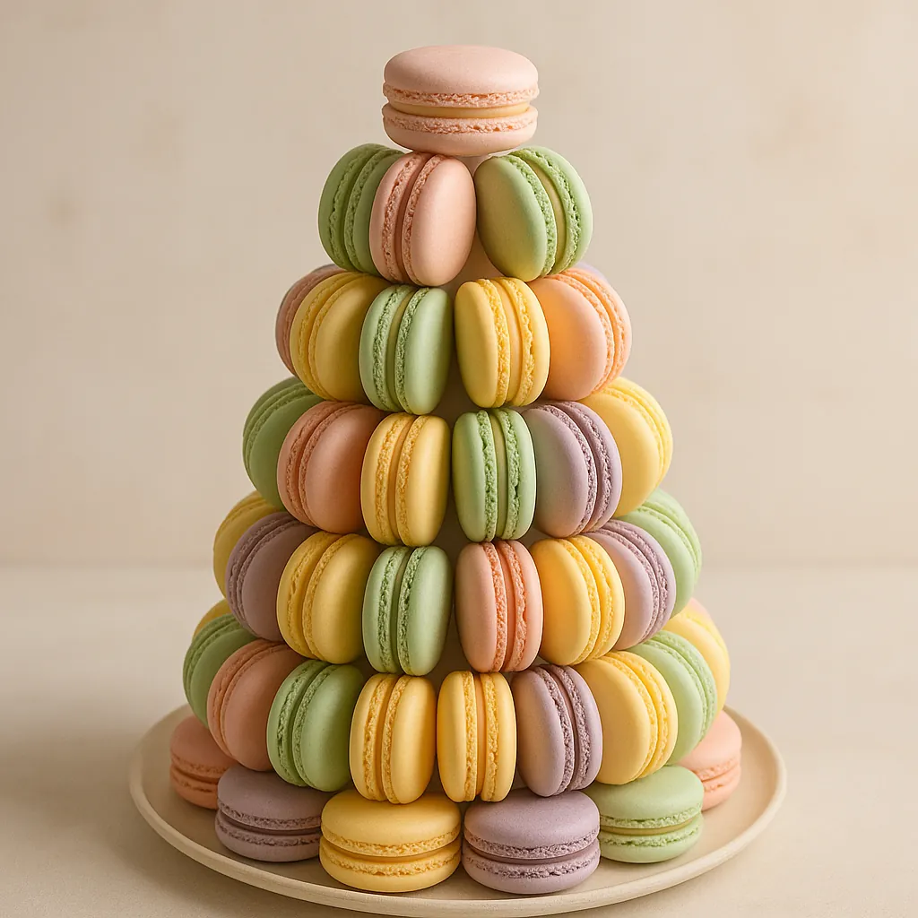 Discover a puzzle featuring a charming tower of pastel macarons neatly stacked on a simple plate.