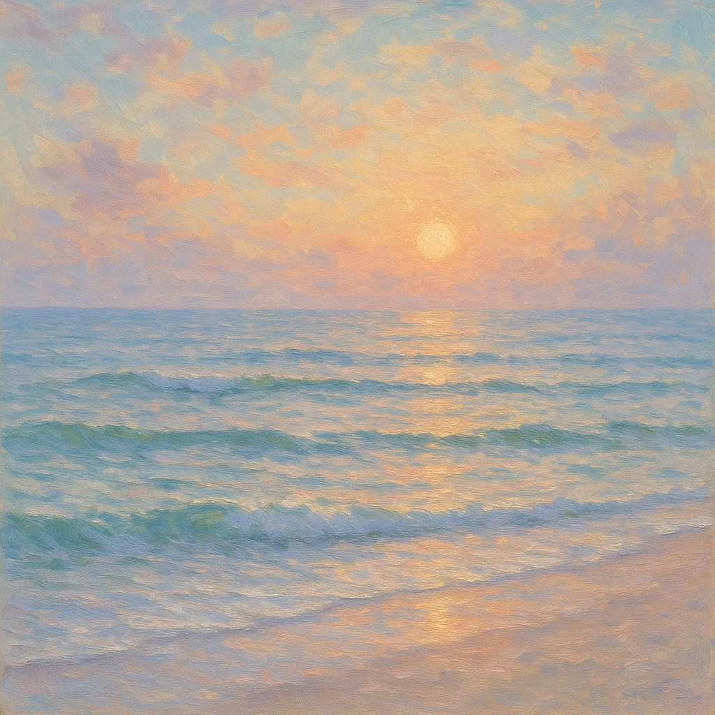 Discover a puzzle with a serene pastel seascape showing a gentle sunrise or sunset over rippling waves and a sandy shore.