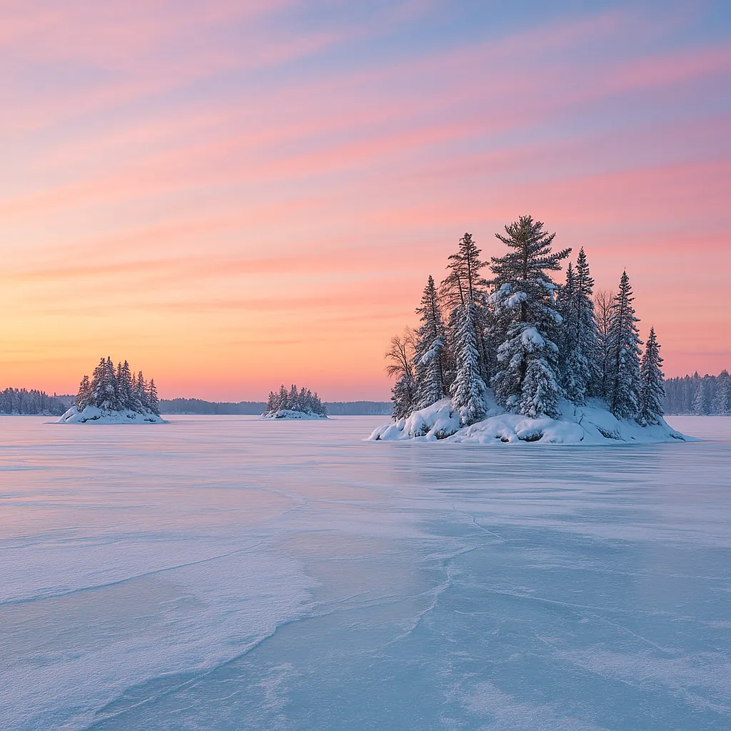 Enjoy an online jigsaw puzzle designed for browser play, featuring a serene winter landscape with snow-covered islands and frosted evergreens.