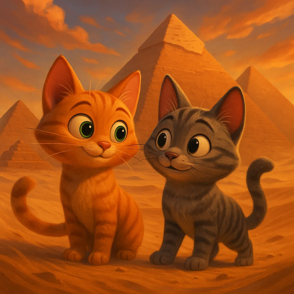 Discover a puzzle with two adorable cartoon kittens standing in a warm desert scene before the pyramids at sunset.
