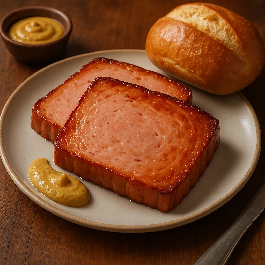 Discover a puzzle with a close-up of two glossy, pan-seared slices of ham on a warm ceramic plate, accompanied by a dollop of mustard and a golden bread roll.