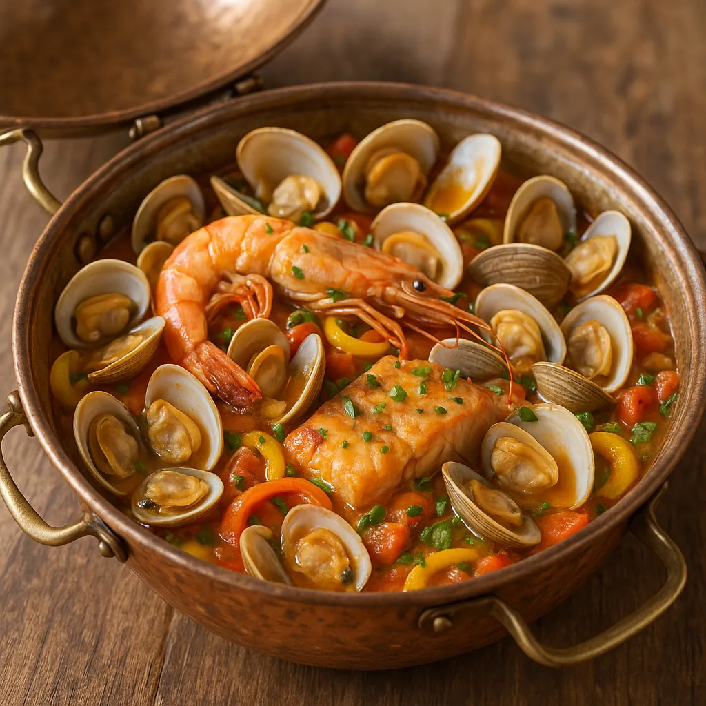This online jigsaw puzzle features a warm, appetizing seafood dish perfect for food lovers and cozy kitchen scenes.